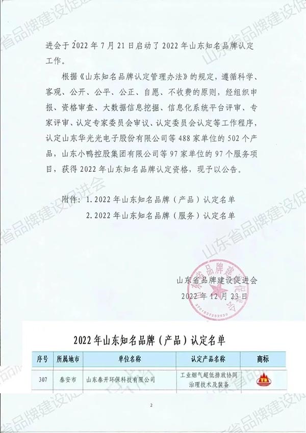 品牌榮譽丨公司產(chǎn)品榮獲2022年山東知名品牌稱號